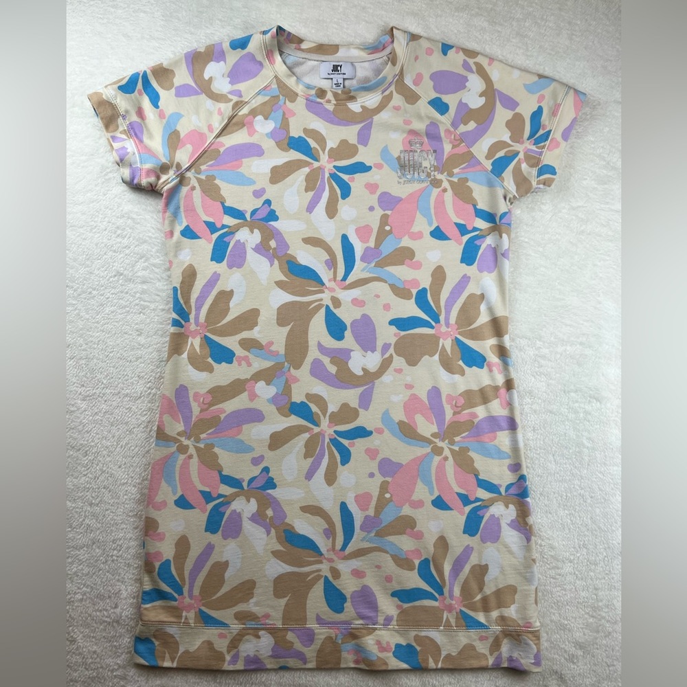 Juicy Couture Pastel Floral Sweatshirt Style Dress Short Sleeve Size Large